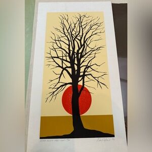 Rare Last Known Modern Art Print Black Tree and Red Sun by Ron Pekar